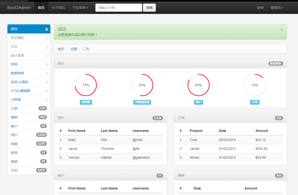 清晰帶統計的bootstrap3後臺框架模板_