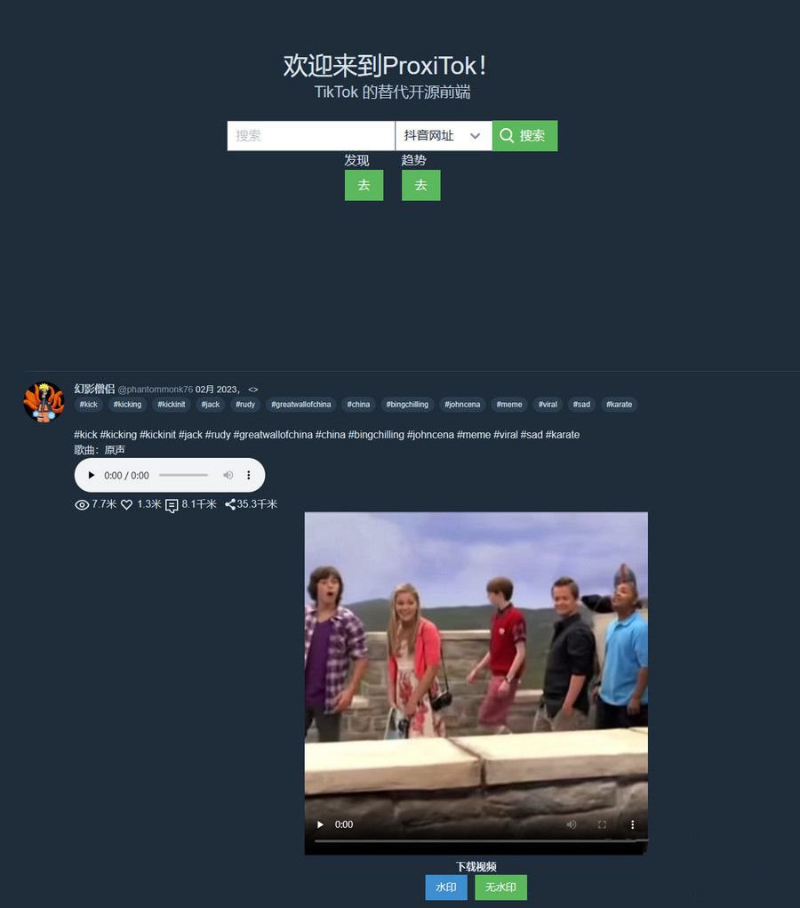 ProxiTok國際版抖音TikTok網頁版源碼支持國內網絡直連