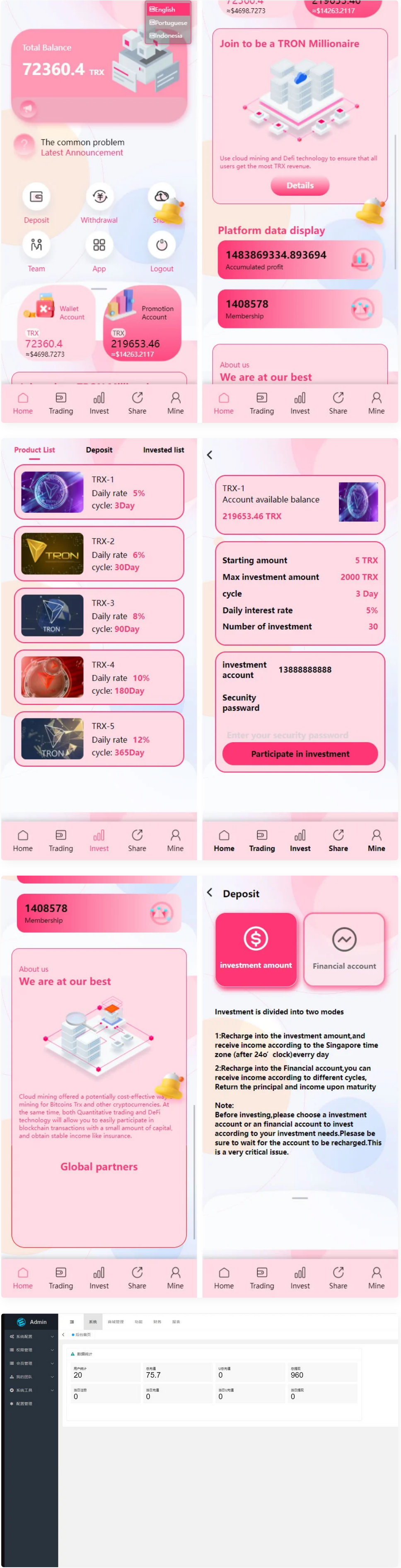 區塊理財系統源碼價值500u的trx粉色UI多語言理財網站系統源碼插圖