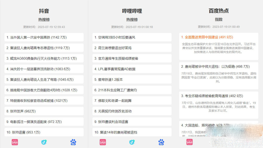 抖音、百度、嗶哩嗶哩熱搜熱榜單頁的HTML源碼