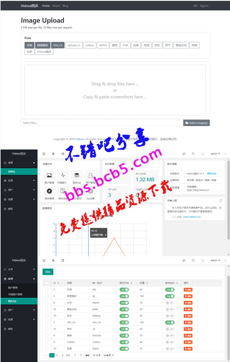 Hidove在線聚合圖牀網站源碼 支持15個接口自由更換 上傳API，bootstrap4簡約界面