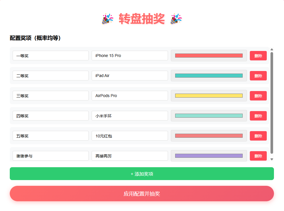 一款簡單的HTML+JS轉盤抽獎程序/ 支持用戶自定義獎項配置插圖1