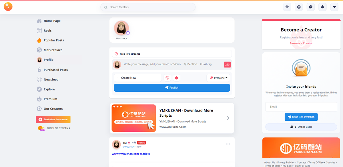 Dizzy社交平臺源碼開心版下載:內容創作者變現系統,支持訂閱、付費內容與直播功能插圖3 Dizzy社交平臺源碼開心版下載:內容創作者變現系統,支持訂閱、付費內容與直播功能插圖3